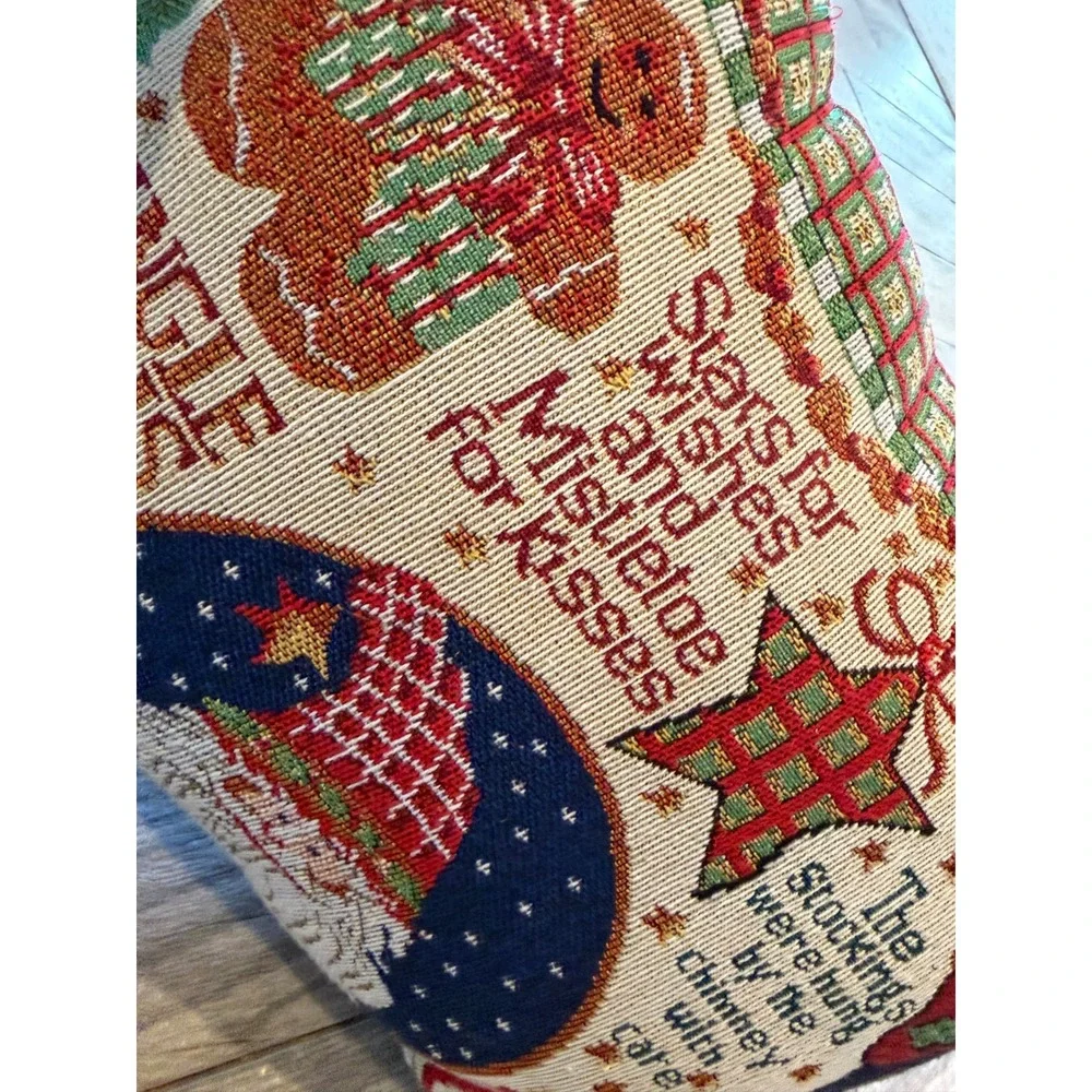 Vintage Tapestry Christmas Throw Pillow Folk Art Accent‎ Cottage Santa Holiday